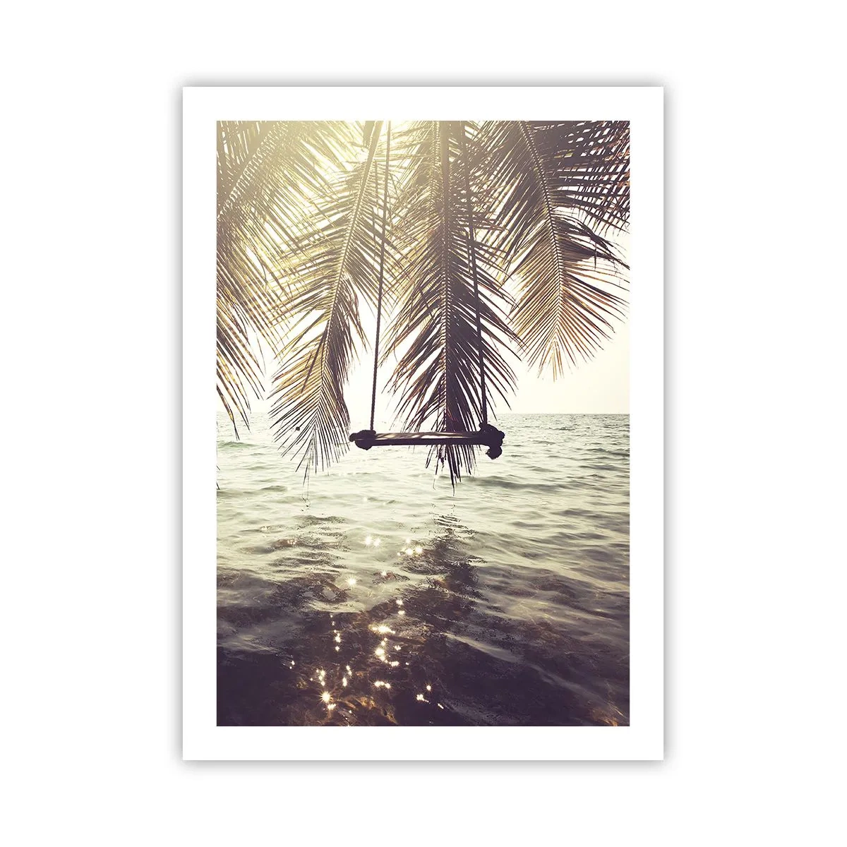 Poster - Eine Schaukel unter Palmen am ruhigen Meer - 50x70cm - Sie können nach Belieben in den Wolken schwingen - Moderne Wanddekoration für Wohnzimmer und Schlafzimmer ARTTOR