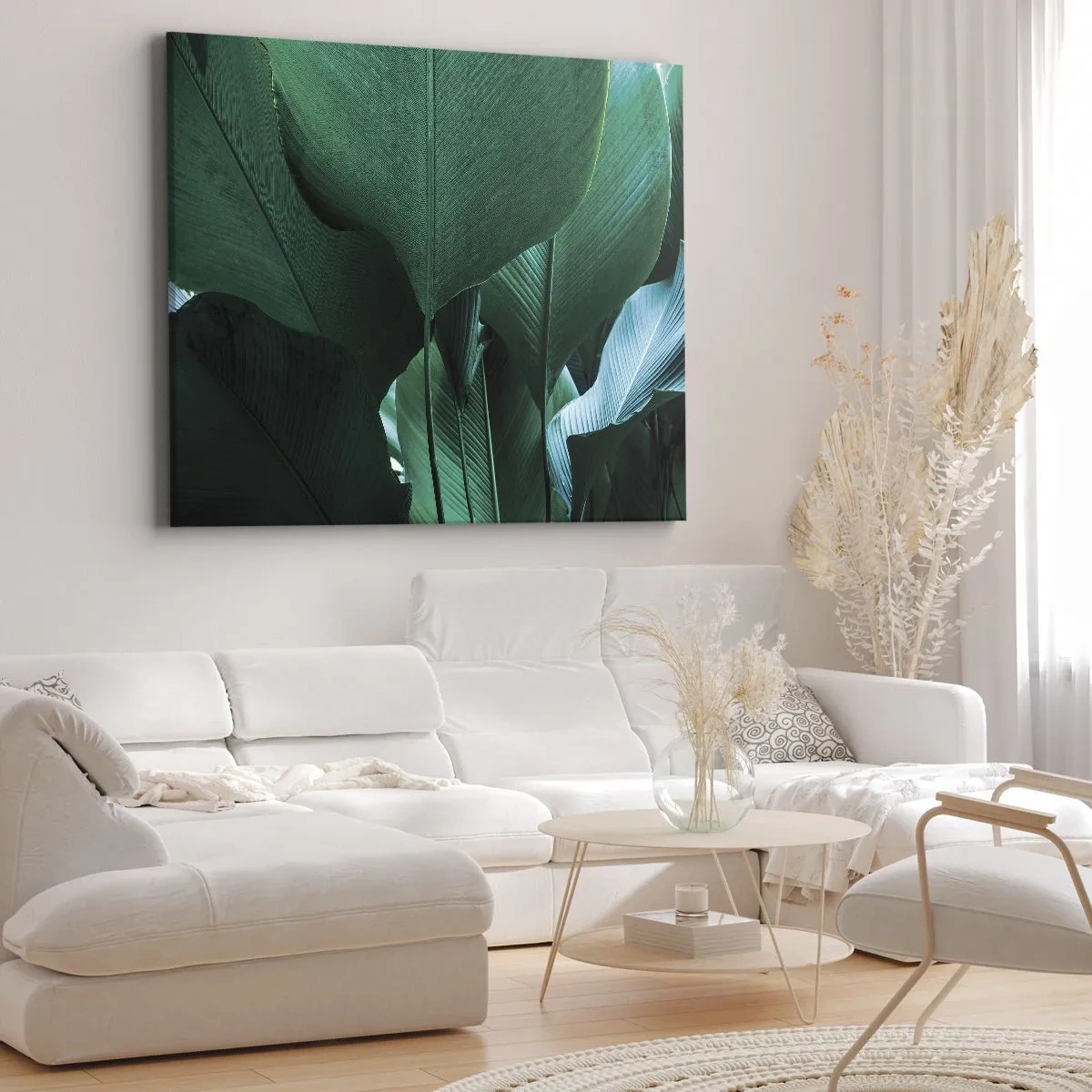 Bild auf Leinwand - Leinwandbild - Grüne Blätter in minimalistischer Komposition - 70x50cm - Dem Licht zugewandt - Moderne Wanddekoration für Wohnzimmer und Schlafzimmer ARTTOR