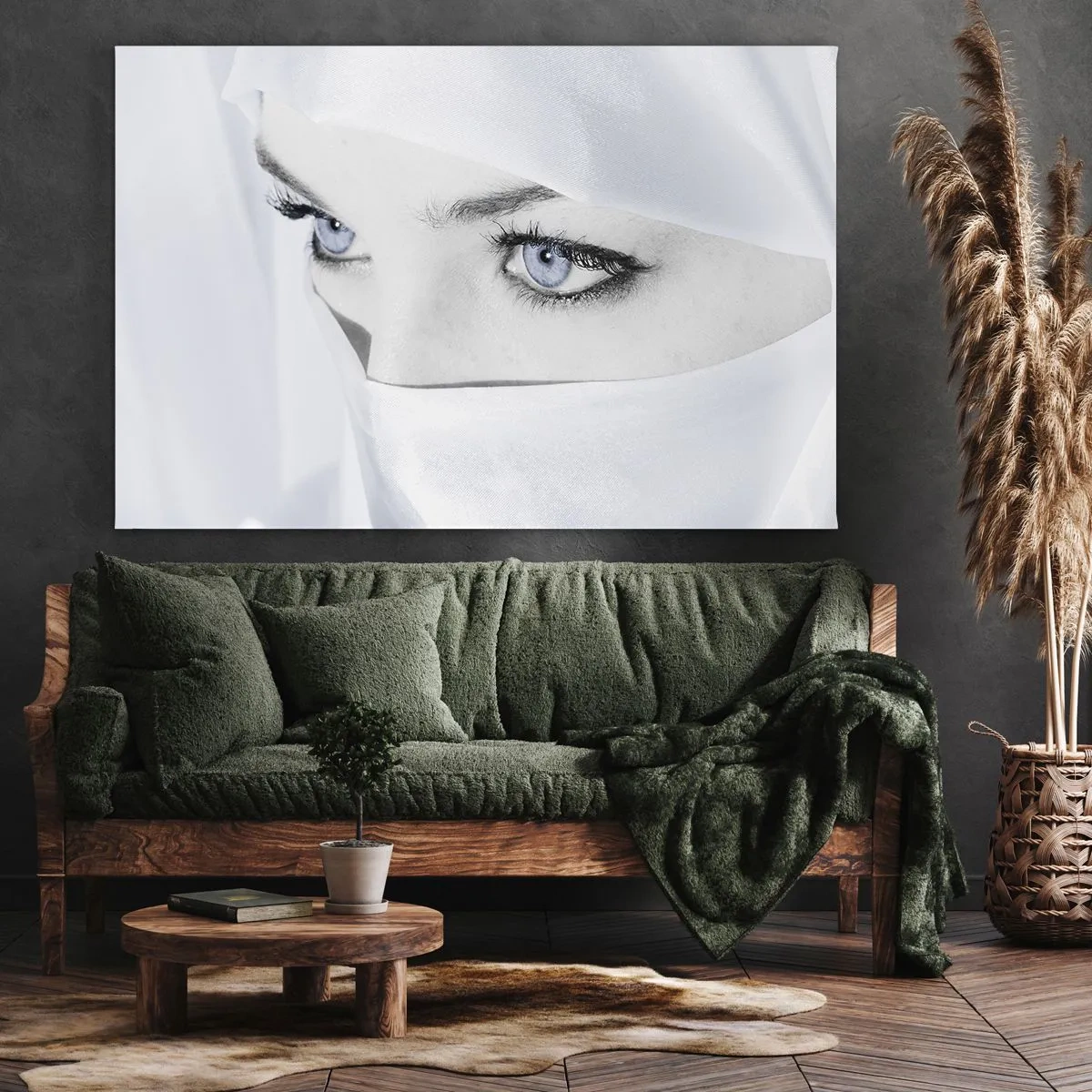 Bild auf Leinwand - Leinwandbild - Porträt einer Frau mit blauen Augen, versteckt hinter einem weißen Schleier - 70x50cm - Aus Tausendundeiner Nacht - Moderne Wanddekoration für Wohnzimmer und Schlafzimmer ARTTOR