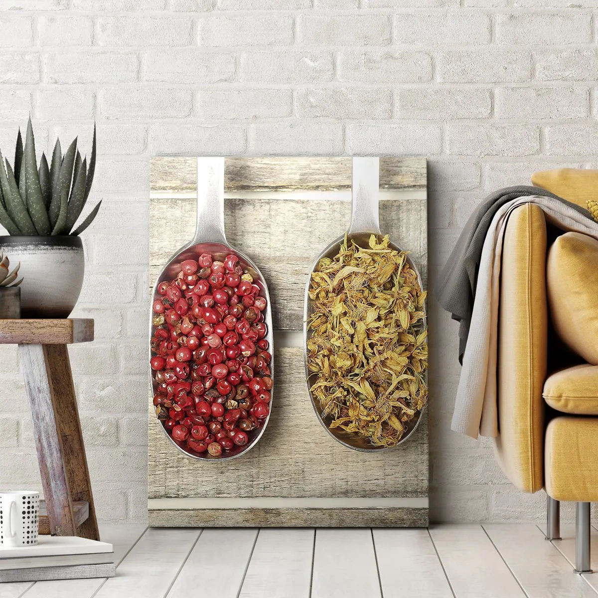 Bild auf Leinwand - Leinwandbild - Drei Metalllöffel mit Gewürzen auf einem hölzernen Hintergrund - 80x120cm - Küchenzauber - Moderne Wanddekoration für Wohnzimmer und Schlafzimmer ARTTOR