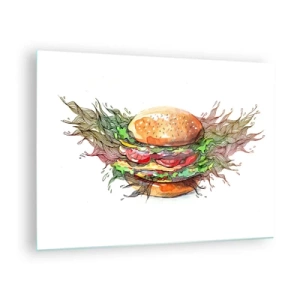 Glasbild - Bild auf glas - Künstlerische Zeichnung eines Burgers mit Aquarelldetails - 70x50cm - Heiße Versuchung - Moderne Wanddekoration für Wohnzimmer und Schlafzimmer ARTTOR
