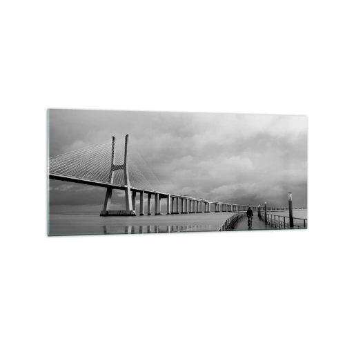 Glasbild - Bild auf glas - Eine Hängebrücke über dem Wasser in Schwarz und Weiß - 120x50cm - Jedem das Verdiente - Moderne Wanddekoration für Wohnzimmer und Schlafzimmer ARTTOR