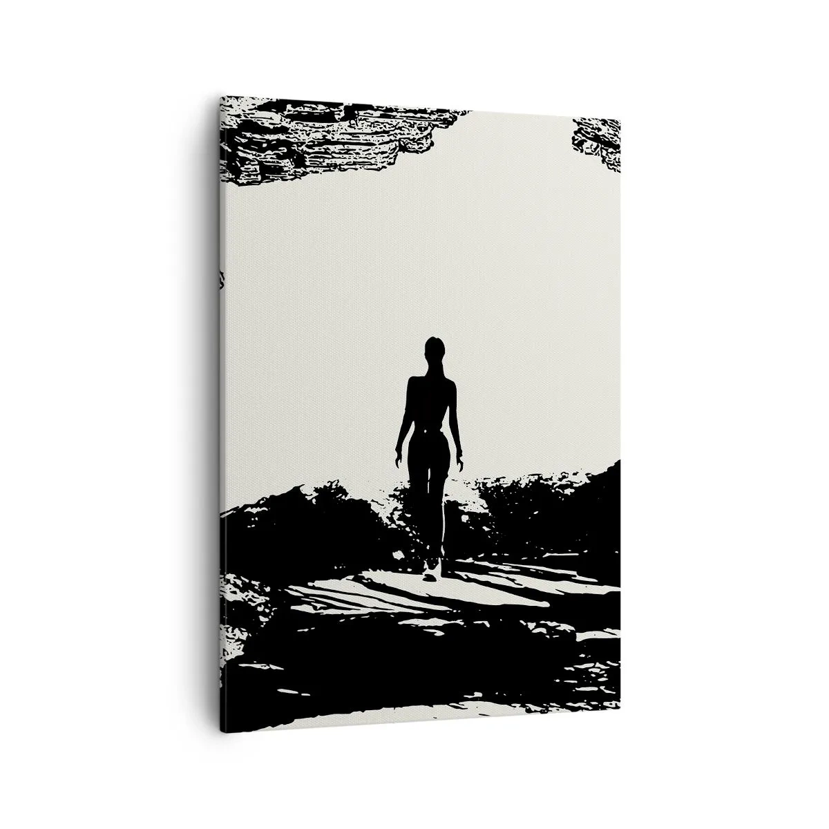 Bild auf Leinwand - Leinwandbild - Schwarz-weiße Silhouette einer Frau in einer Höhle gegen den Himmel - 50x70cm - Neuer Blick - Moderne Wanddekoration für Wohnzimmer und Schlafzimmer ARTTOR