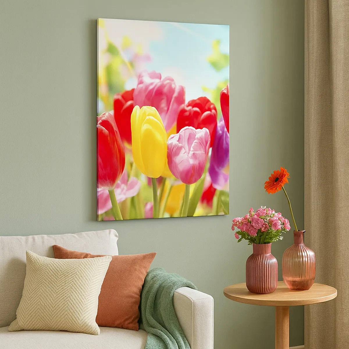 Bild auf Leinwand - Leinwandbild - Bunte Tulpen in voller Blüte vor einem Frühlingshintergrund - 50x70cm - Wir sind es, die Farben des Mais! - Moderne Wanddekoration für Wohnzimmer und Schlafzimmer ARTTOR