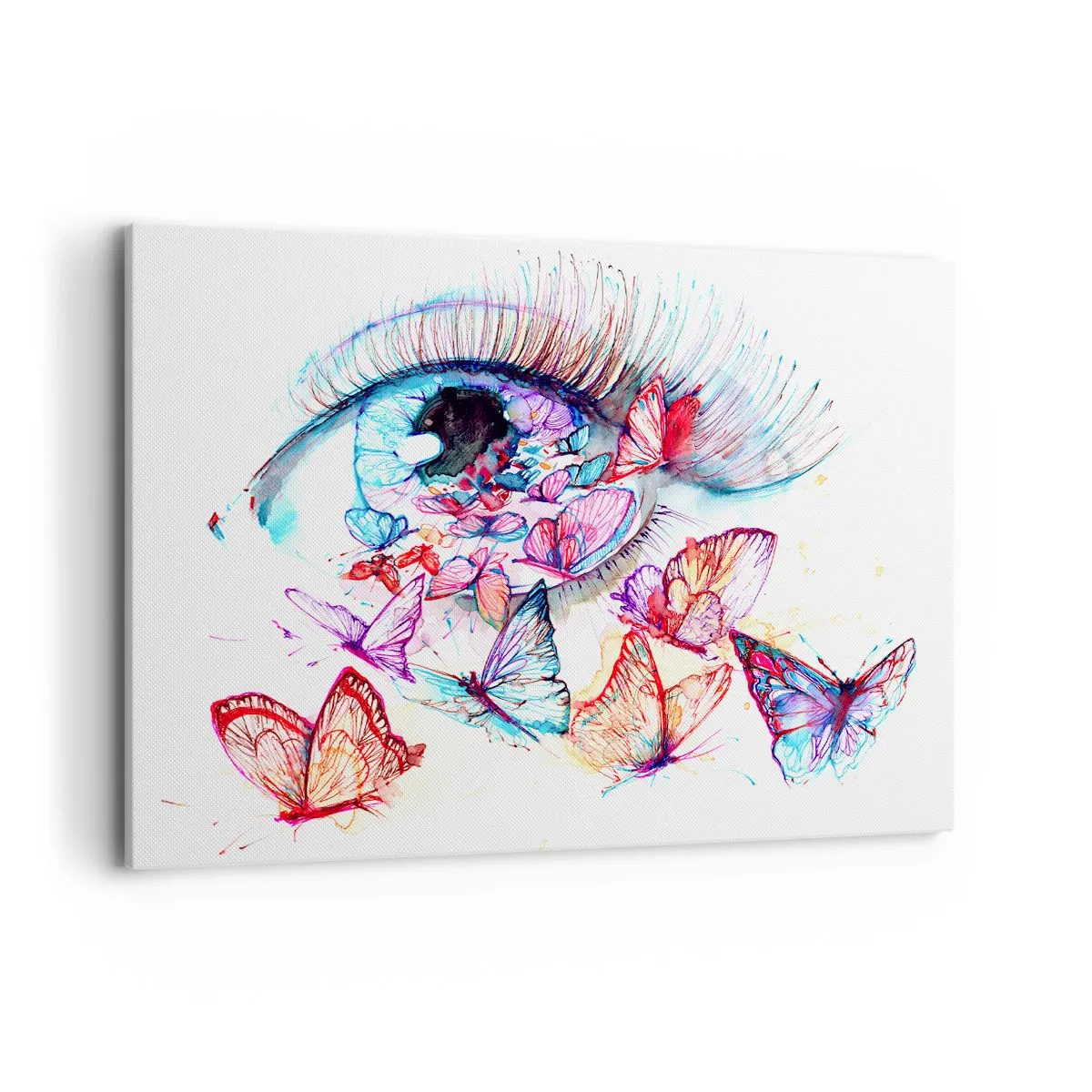 Bild auf Leinwand - Leinwandbild - Ein Aquarellauge, umgeben von bunten Schmetterlingen - 120x80cm - Märchenhafter Augenzauber - Moderne Wanddekoration für Wohnzimmer und Schlafzimmer ARTTOR