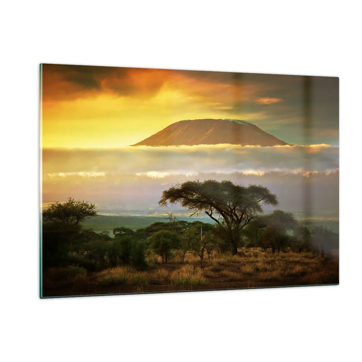 Glasbild - Bild auf glas - Der Kilimandscharo, umgeben von Wolken vor der Kulisse der afrikanischen Savanne - 120x80cm - Ein Reisetraum - Moderne Wanddekoration für Wohnzimmer und Schlafzimmer ARTTOR