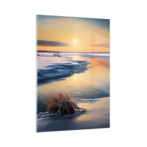 Glasbild - Bild auf glas - Winterlandschaft mit Sonnenuntergang über einem zugefrorenen Fluss - 50x70cm - Wintersonnenuntergang - Moderne Wanddekoration für Wohnzimmer und Schlafzimmer ARTTOR