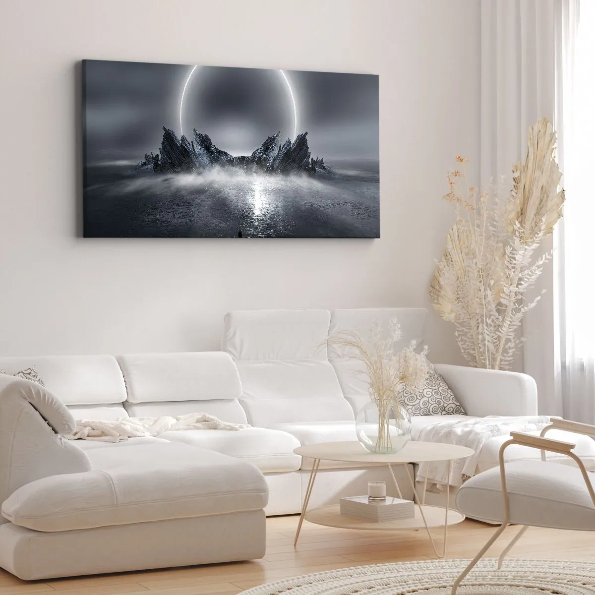 Bild auf Leinwand - Leinwandbild - Mysteriöse Landschaft mit einem Lichtring über den Bergen - 160x50cm - Ende der Geschichte - Moderne Wanddekoration für Wohnzimmer und Schlafzimmer ARTTOR