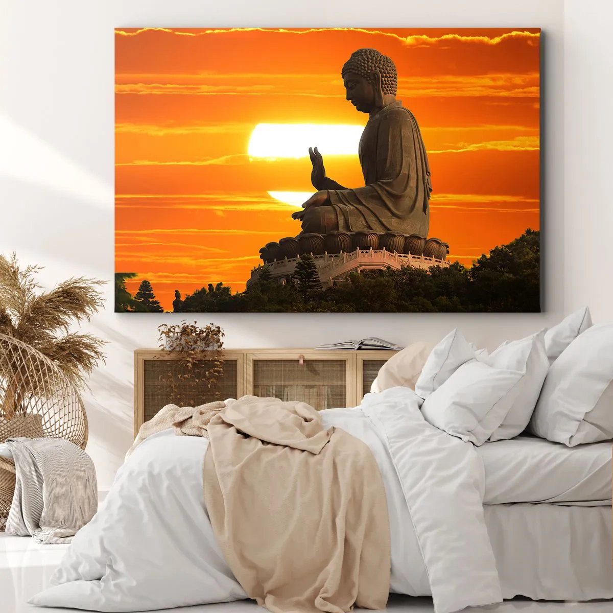 Bild auf Leinwand - Leinwandbild - Eine buddhistische Statue vor dem Hintergrund eines orangefarbenen Sonnenuntergangs - 100x70cm - Keine Angst vor der Welt - Moderne Wanddekoration für Wohnzimmer und Schlafzimmer ARTTOR
