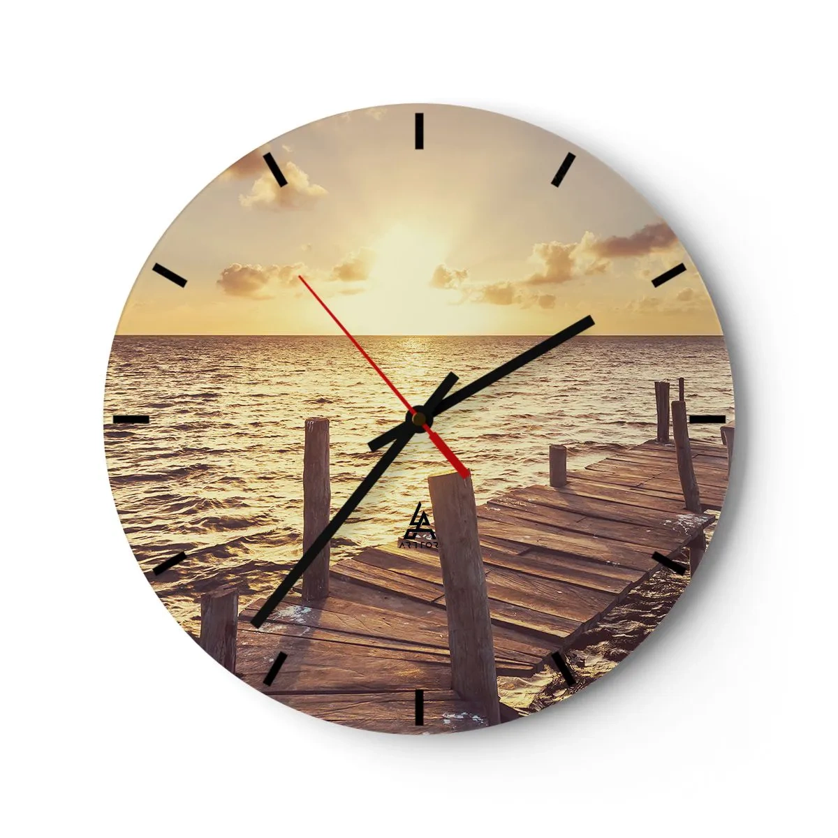 Wanduhr - Glasuhr - Holzsteg bei Sonnenuntergang - 30x30cm - Das goldene Land der Sanftmut - Moderne Wanddekoration für Wohnzimmer, Küche und Schlafzimmer ARTTOR