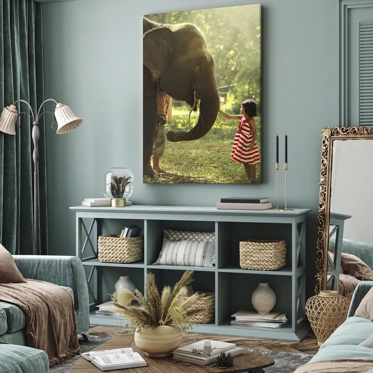 Bild auf Leinwand - Leinwandbild - Ein Mädchen in einem roten Kleid berührt einen Elefanten im Wald. - 70x100cm - Die Stärke der Freundschaft - Moderne Wanddekoration für Wohnzimmer und Schlafzimmer ARTTOR