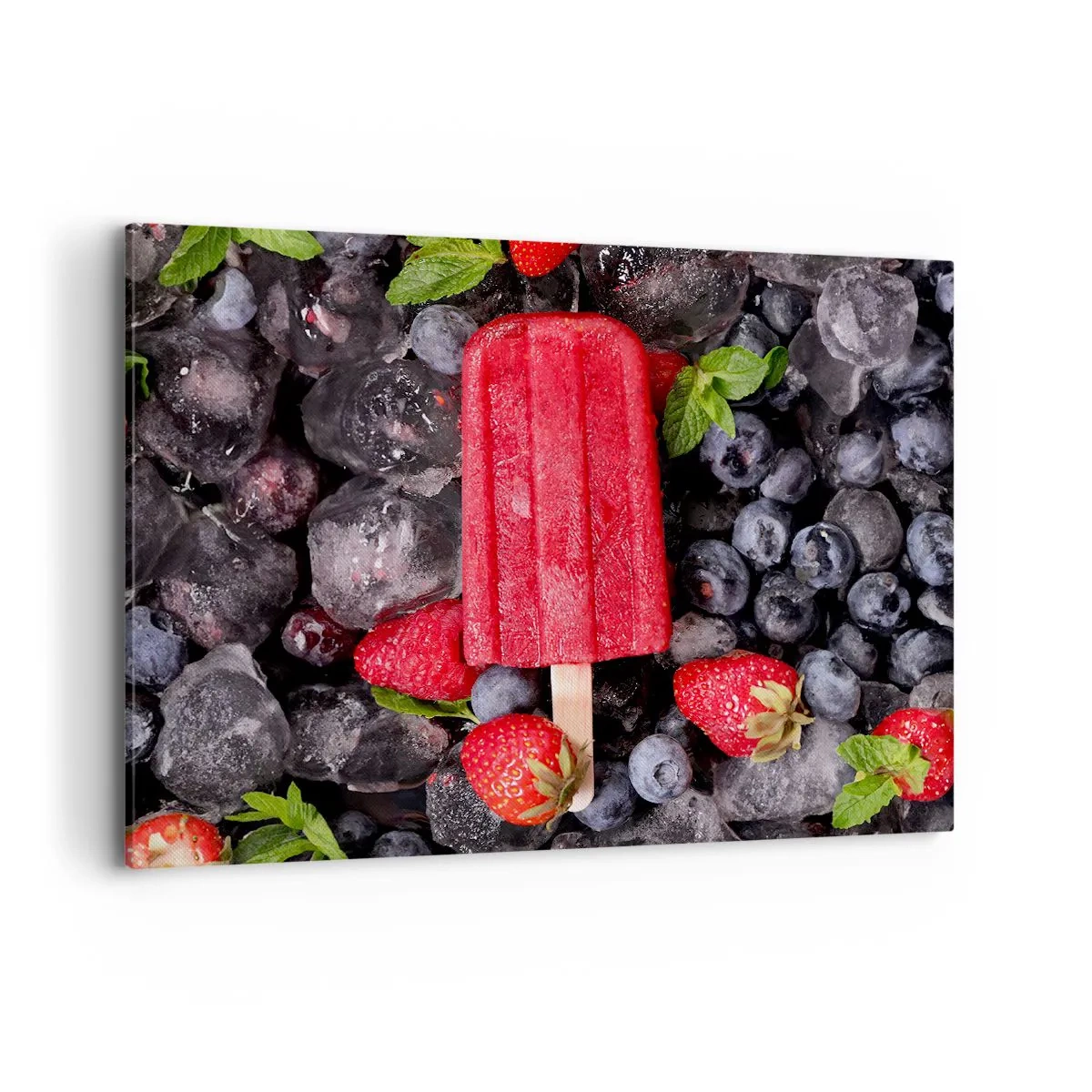 Bild auf Leinwand - Leinwandbild - Rotes Eis am Stiel, umgeben von Früchten und Eis - 100x70cm - So schmeckt der heiße Sommer - Moderne Wanddekoration für Wohnzimmer und Schlafzimmer ARTTOR