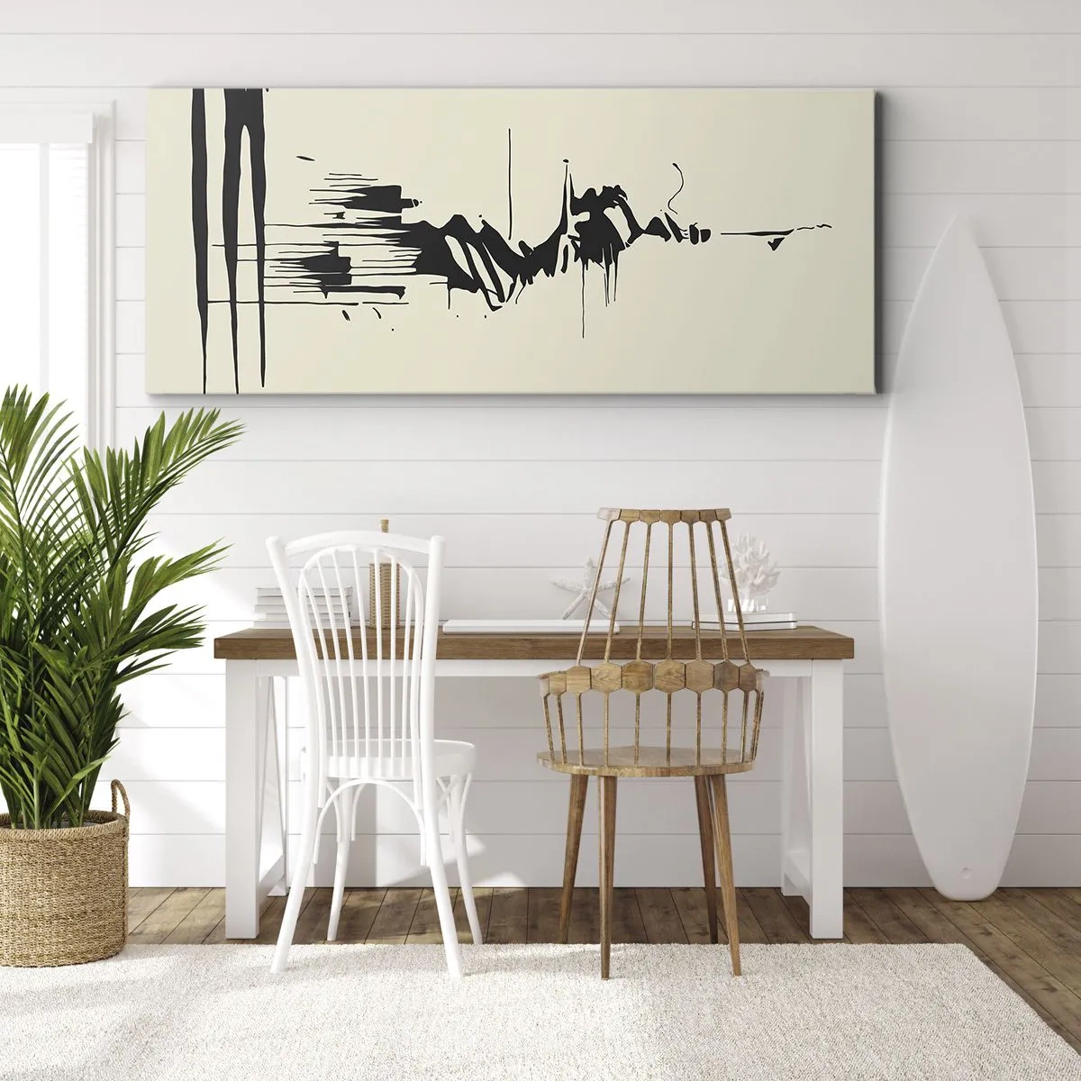 Bild auf Leinwand - Leinwandbild - Minimalistische Abstraktion mit schwarzen Linien auf hellem Hintergrund - 120x50cm - Hastige Abstraktion - Moderne Wanddekoration für Wohnzimmer und Schlafzimmer ARTTOR
