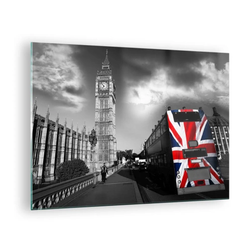 Glasbild - Bild auf glas - Big Ben und ein Bus mit britischer Flagge - 70x50cm - Stolz und toll - Moderne Wanddekoration für Wohnzimmer und Schlafzimmer ARTTOR