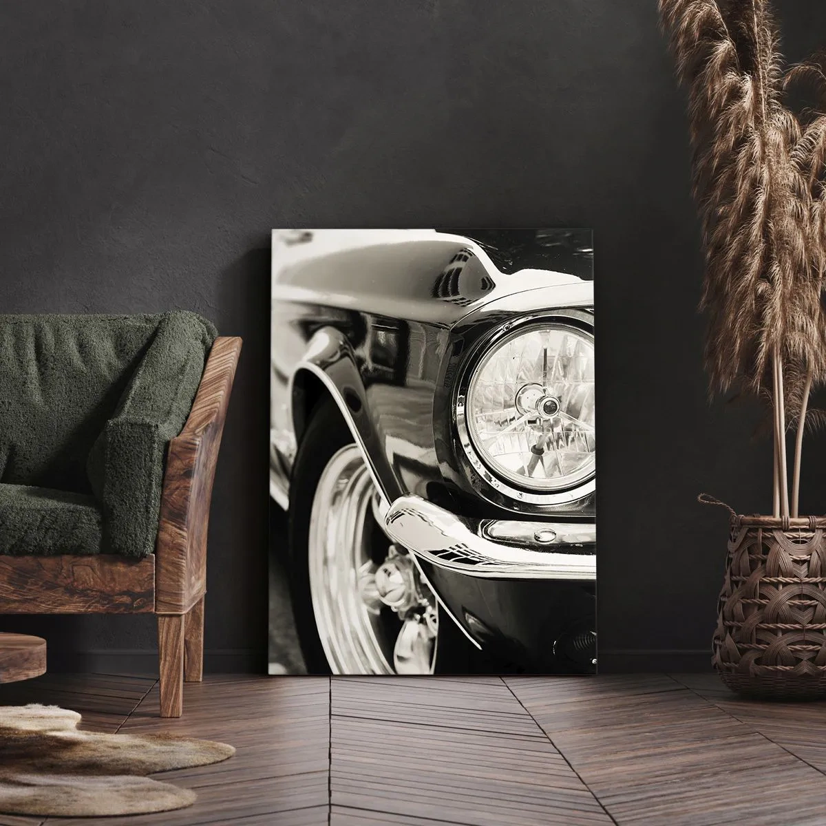 Bild auf Leinwand - Leinwandbild - Ein kultiger Oldtimer in elegantem Schwarz-Weiß - 80x120cm - Dauerhafter Glanz - Moderne Wanddekoration für Wohnzimmer und Schlafzimmer ARTTOR