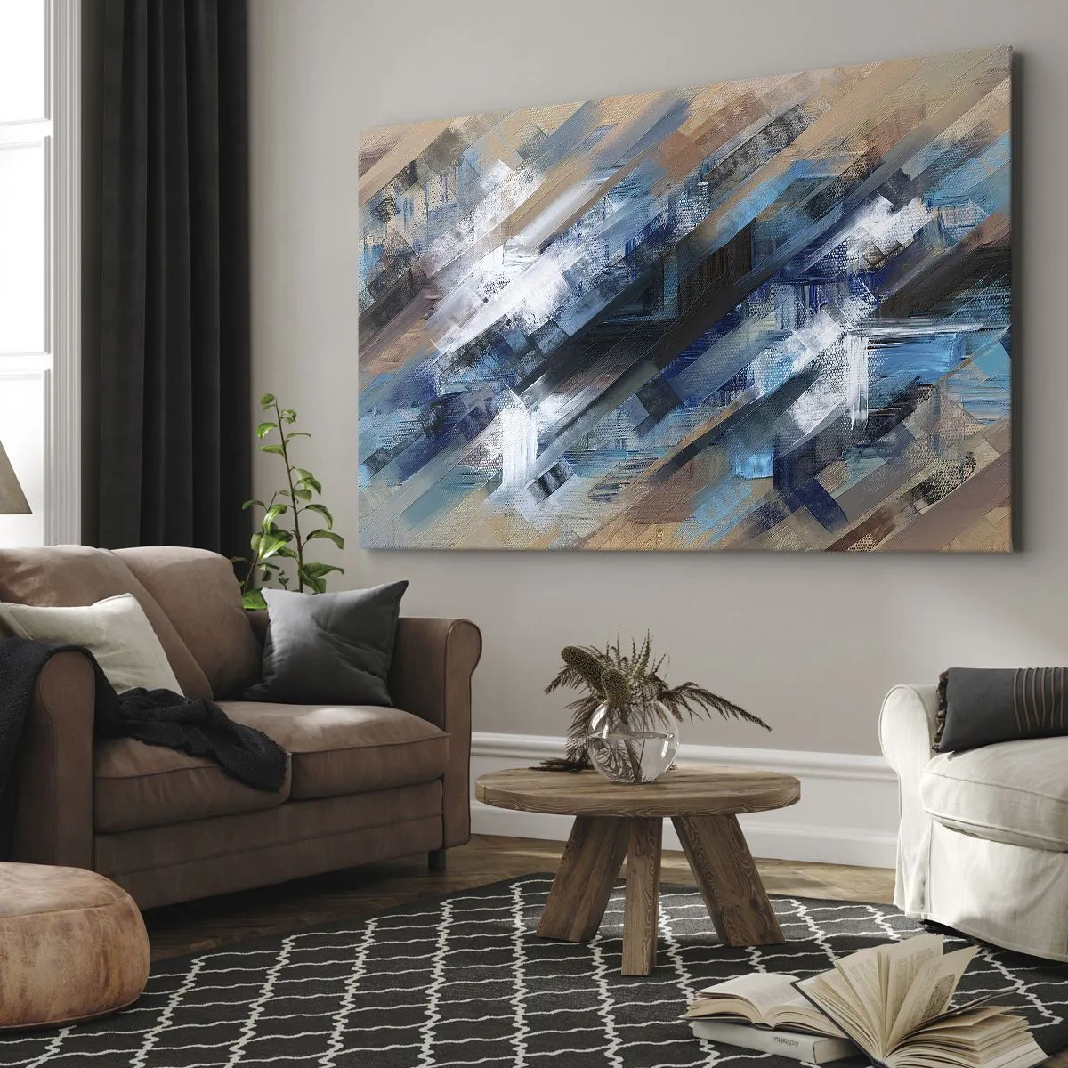 Bild auf Leinwand - Leinwandbild - Abstrakte Komposition mit blauen diagonalen Linien - 70x50cm - Auf einer blauen Diagonale - Moderne Wanddekoration für Wohnzimmer und Schlafzimmer ARTTOR