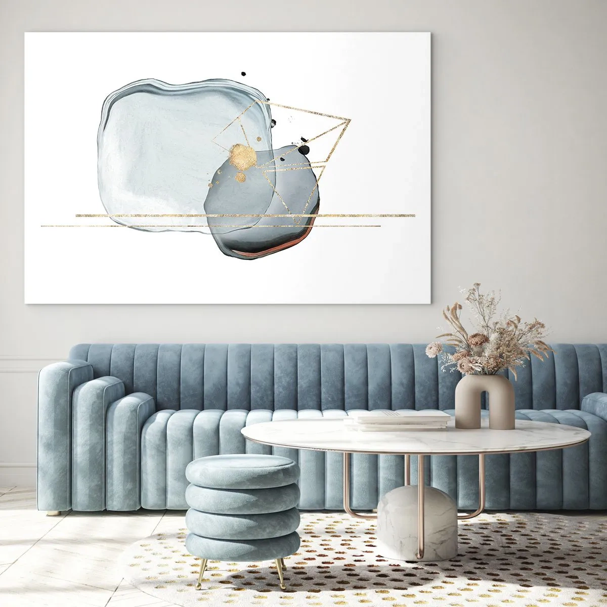 Glasbild - Bild auf glas - Moderne Abstraktion mit Tropfen und goldenen geometrischen Linien - 100x70cm - Eine Studie über Tropfen - Moderne Wanddekoration für Wohnzimmer und Schlafzimmer ARTTOR