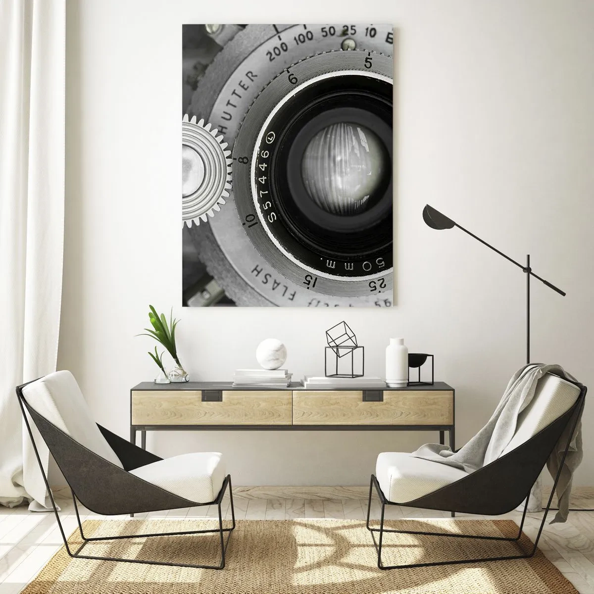 Glasbild - Bild auf glas - Eine Nahaufnahme eines alten Kameraobjektivs, voller Nostalgie und Vintage-Atmosphäre. - 50x70cm - Eine Story über Hollywood - Moderne Wanddekoration für Wohnzimmer und Schlafzimmer ARTTOR