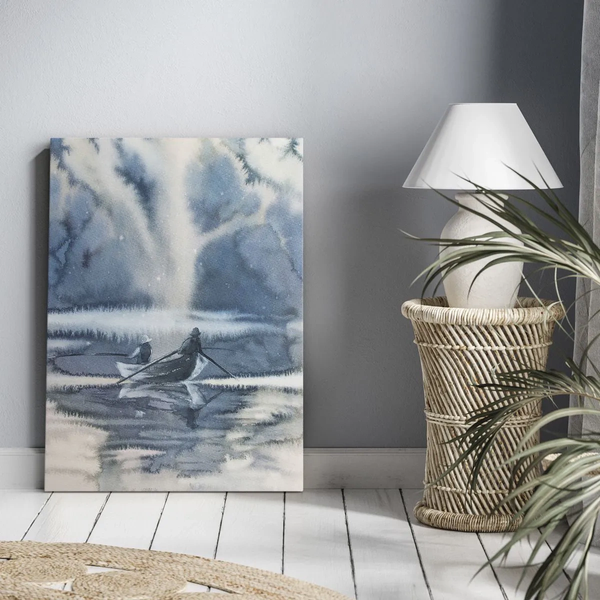 Bild auf Leinwand - Leinwandbild - Aquarelllandschaft mit Booten auf einem See, umgeben von einem nebligen Wald - 80x120cm - Angler in ihrem Paradies - Moderne Wanddekoration für Wohnzimmer und Schlafzimmer ARTTOR