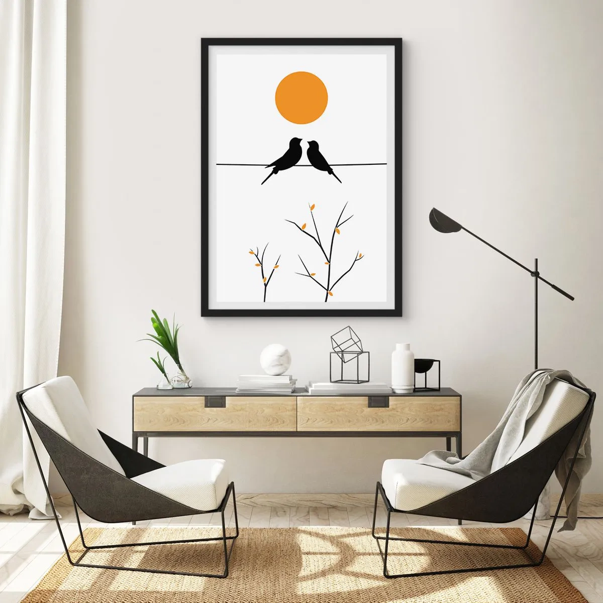 Poster in einem schwarzem Rahmen - Zwei Vögel auf einem Ast mit einer orangefarbenen Sonne im Hintergrund - 50x70cm - Abend der Nachtigallen - Moderne Wanddekoration für Wohnzimmer und Schlafzimmer ARTTOR