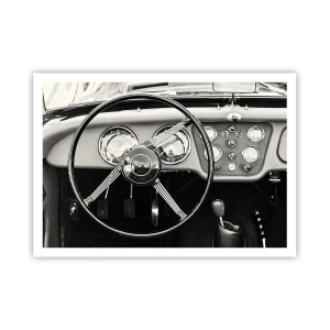 Poster - Schwarz-weißes Oldtimer-Interieur - 100x70cm - Ein Sammlertraum - Moderne Wanddekoration für Wohnzimmer und Schlafzimmer ARTTOR