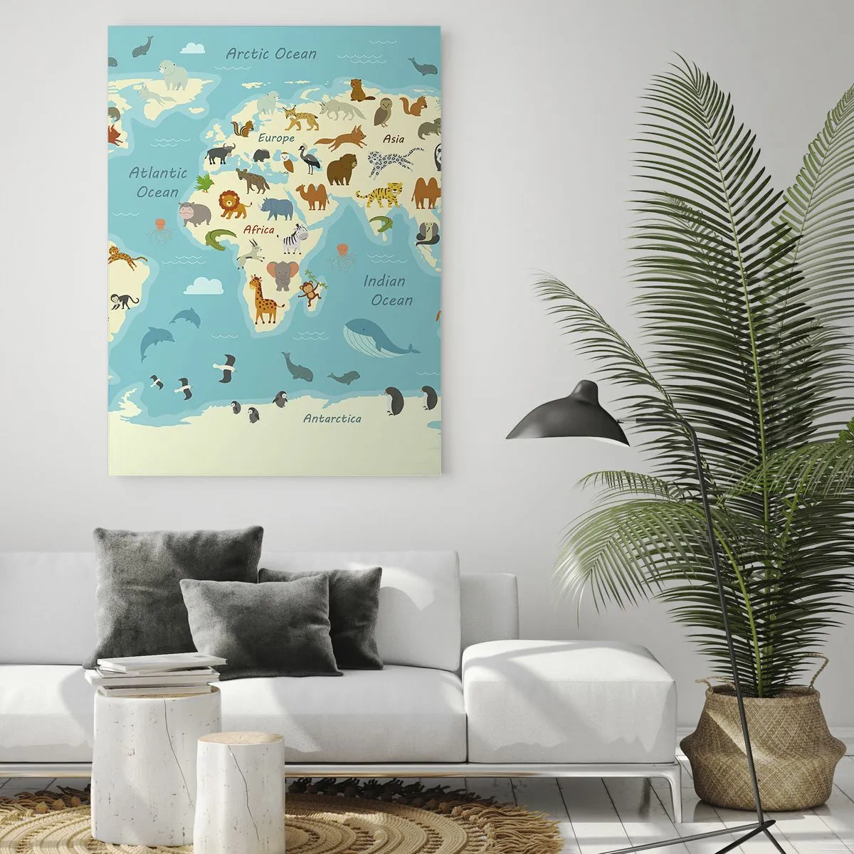 Glasbild - Bild auf glas - Weltkarte mit Tierillustrationen - 80x120cm - Gute Nachbarn - Moderne Wanddekoration für Wohnzimmer und Schlafzimmer ARTTOR