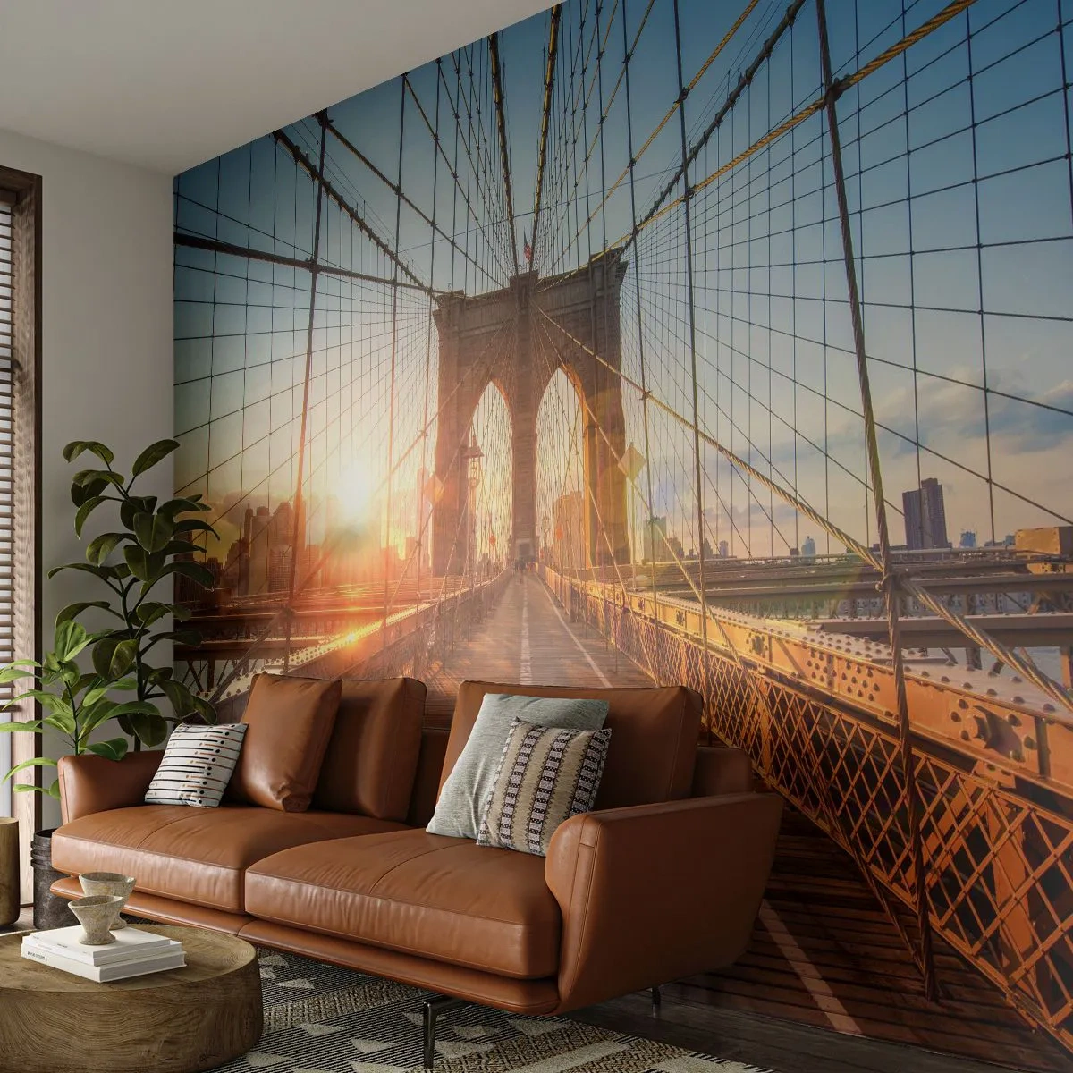 Fototapete Premium Sand - Auf der goldenen Brücke - New York, Brooklyn Brücke, Die Architektur - 100x70 cm