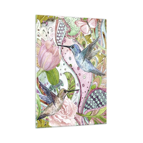 Glasbild - Bild auf glas - Bunte Kolibris zwischen Blumen und Schmetterlingen - 50x70cm - Verstrickt in Weinreben - Moderne Wanddekoration für Wohnzimmer und Schlafzimmer ARTTOR