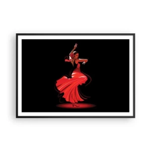 Poster in einem schwarzem Rahmen - Flamenco-Tänzerin in einem roten Kleid vor schwarzem Hintergrund - 100x70cm - Der feurige Geist des Flamenco - Moderne Wanddekoration für Wohnzimmer und Schlafzimmer ARTTOR