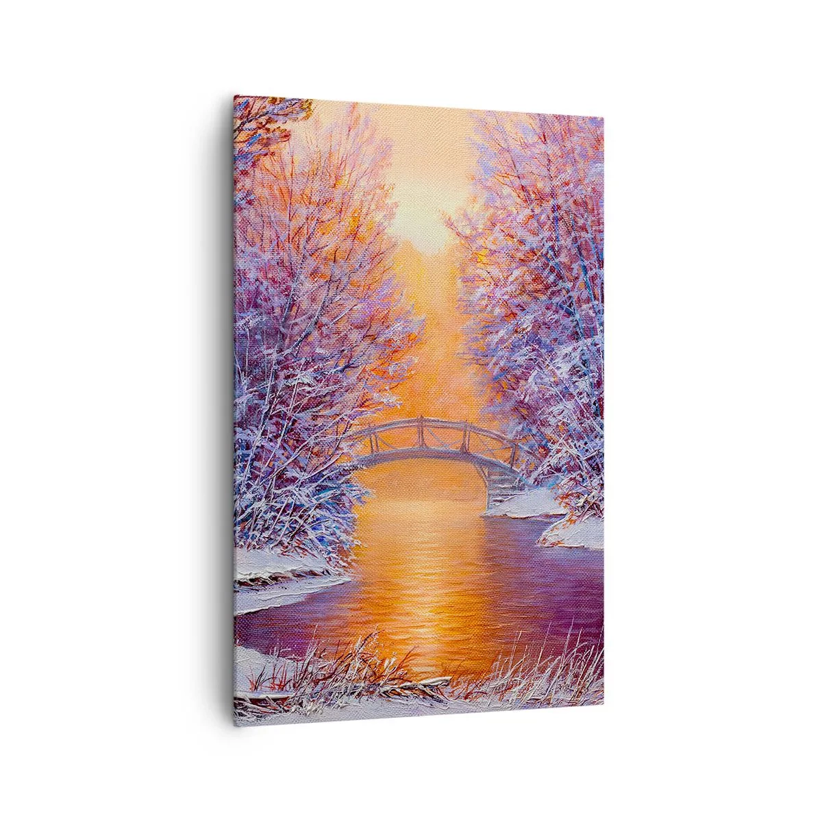 Bild auf Leinwand - Leinwandbild - Winterlandschaft mit Brücke und Sonnenuntergang - 80x120cm - Treffen wir uns hier - Moderne Wanddekoration für Wohnzimmer und Schlafzimmer ARTTOR