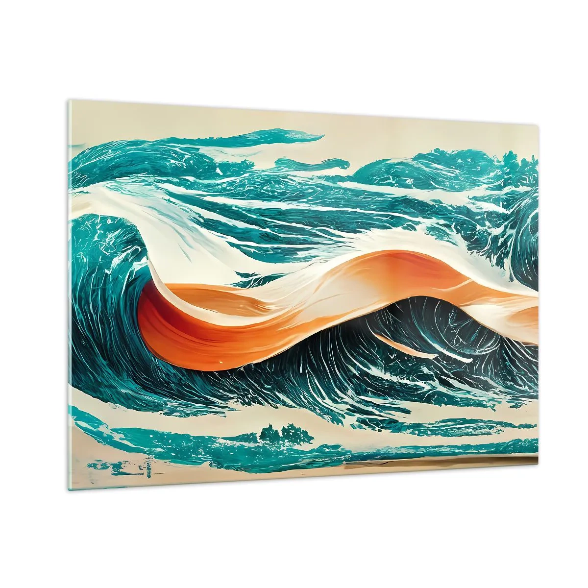 Glasbild - Bild auf glas - Türkisfarbene Wellen mit orangefarbenem Band im surrealen Stil - 100x70cm - Traum eines Surfers - Moderne Wanddekoration für Wohnzimmer und Schlafzimmer ARTTOR