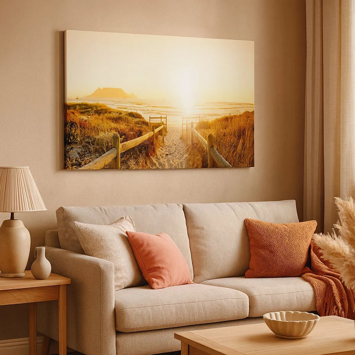 Bild auf Leinwand - Leinwandbild - Weg zum Strand bei goldenem Sonnenuntergang - 70x50cm - Über die Düne, der Sonne entgegen - Moderne Wanddekoration für Wohnzimmer und Schlafzimmer ARTTOR