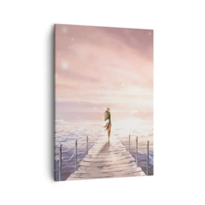 Bild auf Leinwand - Leinwandbild - Eine Frau auf einem Steg in einer magischen Sonnenuntergangskulisse - 50x70cm - Im Licht eines Traums - Moderne Wanddekoration für Wohnzimmer und Schlafzimmer ARTTOR