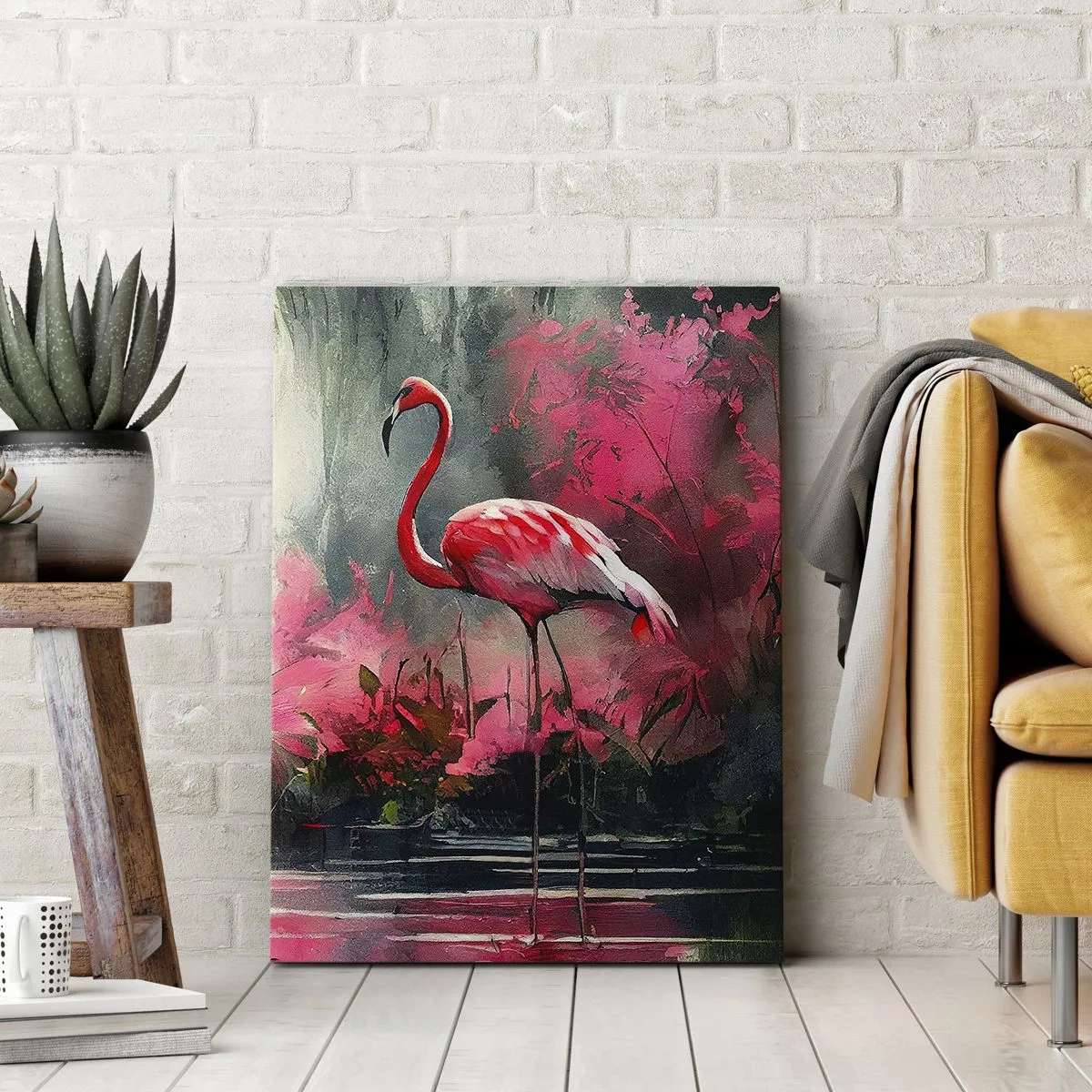 Bild auf Leinwand - Leinwandbild - Flamingos am Wasser, umgeben von Vegetation - 50x70cm - Lektion in natürlicher Anmut - Moderne Wanddekoration für Wohnzimmer und Schlafzimmer ARTTOR