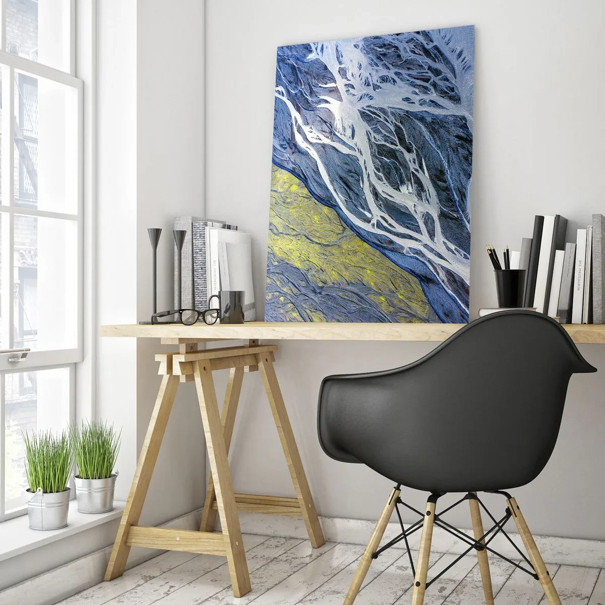 Glasbild - Bild auf glas - Abstrakte Vogelperspektive auf mäandernde Flussbetten - 70x100cm - Felsmalereien der Natur - Moderne Wanddekoration für Wohnzimmer und Schlafzimmer ARTTOR