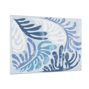 Glasbild - Bild auf glas - Dekorative Farnblätter in Blautönen auf hellem Untergrund - 100x70cm - Blaue Farne - Moderne Wanddekoration für Wohnzimmer und Schlafzimmer ARTTOR