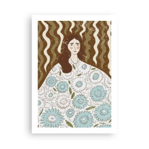 Poster - Stilisiertes Porträt einer Frau in einem geblümten Kleid vor einem Hintergrund aus Wellenmustern. - 50x70cm - Porträt im floralen Gewand - Moderne Wanddekoration für Wohnzimmer und Schlafzimmer ARTTOR