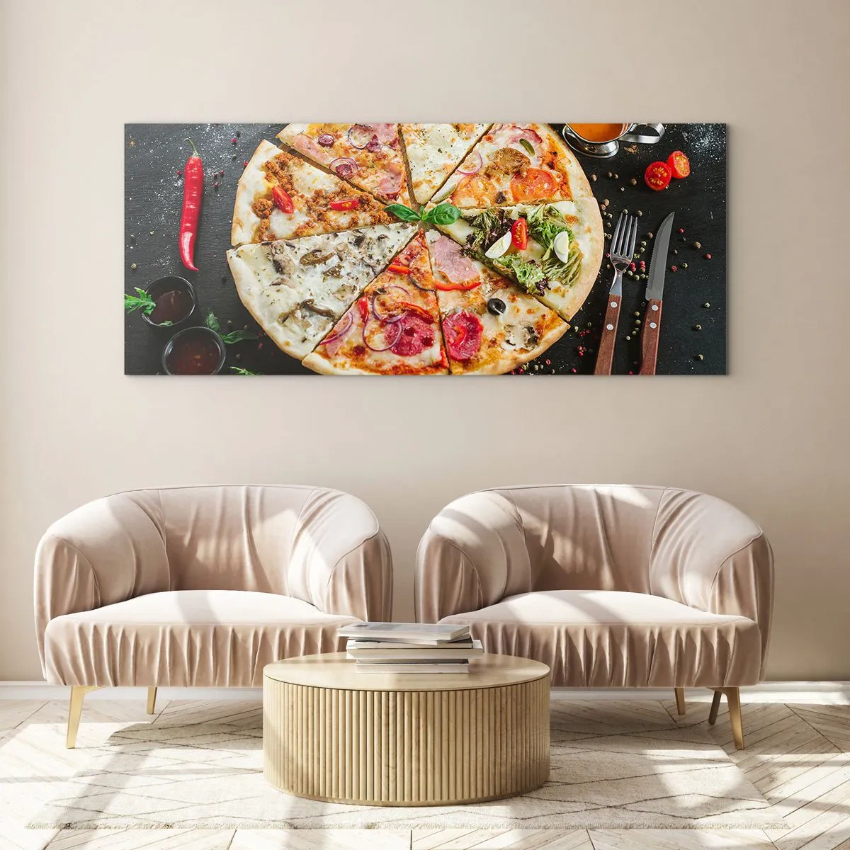 Glasbild - Bild auf glas - Pizza in verschiedenen Geschmacksrichtungen mit verschiedenen Belägen - 160x50cm - Eine Reihe von Geschmacksrichtungen - Moderne Wanddekoration für Wohnzimmer und Schlafzimmer ARTTOR