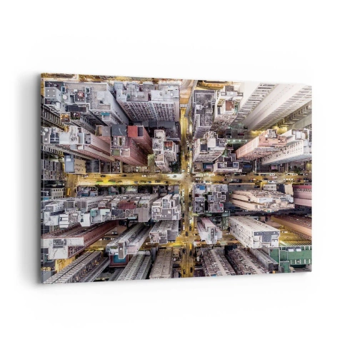 Bild auf Leinwand - Leinwandbild - Eine Stadt voller Wolkenkratzer aus der Vogelperspektive - 100x70cm - Grüße aus Hongkong - Moderne Wanddekoration für Wohnzimmer und Schlafzimmer ARTTOR