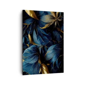 Bild auf Leinwand - Leinwandbild - Elegante Blätter in Gold- und Marineblautönen - 50x70cm - Mit Gold gefüttert - Moderne Wanddekoration für Wohnzimmer und Schlafzimmer ARTTOR