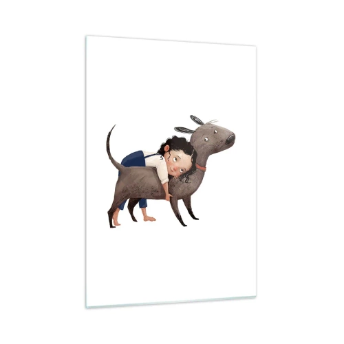 Glasbild - Bild auf glas - Ein Mädchen umarmt einen großen Hund auf weißem Hintergrund - 50x70cm - Beste Freunde - Moderne Wanddekoration für Wohnzimmer und Schlafzimmer ARTTOR