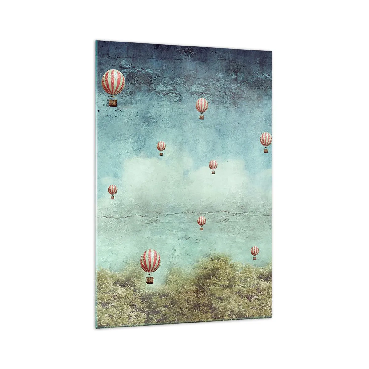 Glasbild - Bild auf glas - Retro-Ballons vor blauem Himmel und grünem Hintergrund - 70x100cm - Frei von der Hektik des Lebens - Moderne Wanddekoration für Wohnzimmer und Schlafzimmer ARTTOR