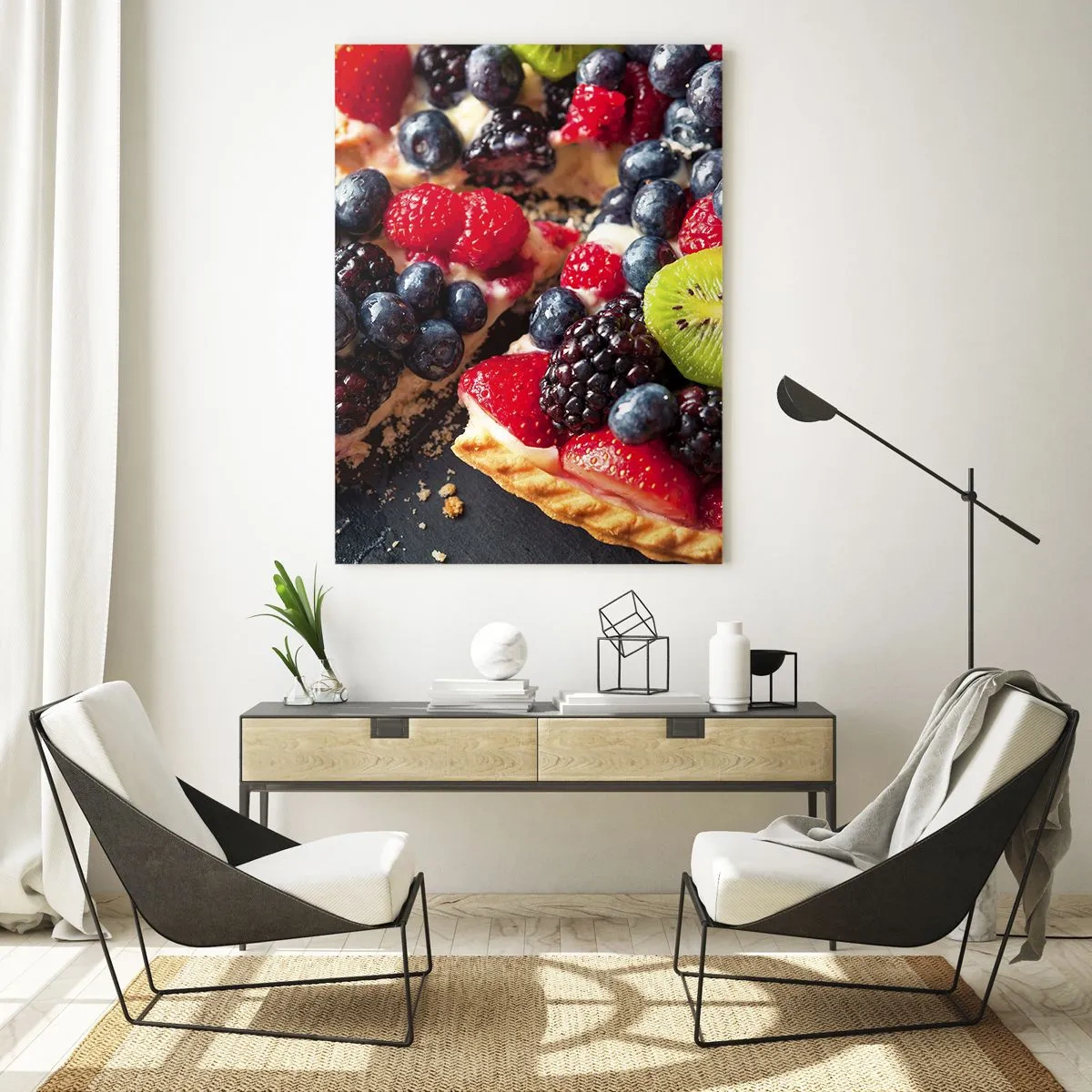 Glasbild - Bild auf glas - Obsttorte mit Blaubeeren, Kiwi und Erdbeeren - 50x70cm - Dolce Vita! - Moderne Wanddekoration für Wohnzimmer und Schlafzimmer ARTTOR