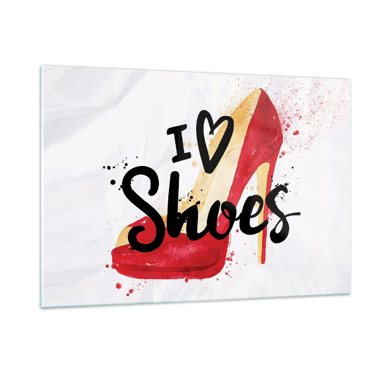 Glasbild - Bild auf glas - Ein roter High Heel und die Worte „I love shoes“ auf hellem Hintergrund - 120x80cm - Liebe hat viele Namen - Moderne Wanddekoration für Wohnzimmer und Schlafzimmer ARTTOR