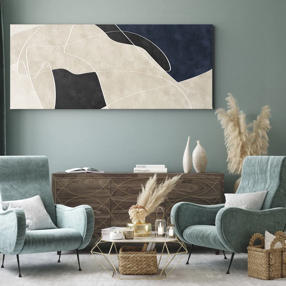 Bild auf Leinwand - Leinwandbild - Geometrische Abstraktion in Beige- und Marineblautönen - 160x50cm - Abstrakte Komposition – Farbkontrast - Moderne Wanddekoration für Wohnzimmer und Schlafzimmer ARTTOR