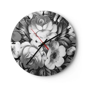 Wanduhr - Glasuhr - Schwarz-weiße Blumen in einem zarten künstlerischen Stil - 30x30cm - Schön auch in Grau - Moderne Wanddekoration für Wohnzimmer, Küche und Schlafzimmer ARTTOR