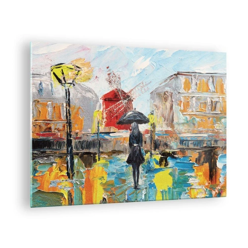 Glasbild - Bild auf glas - Eine Frau mit Regenschirm vor einer Stadtkulisse im Stil des Impressionismus - 70x50cm - Pariser Legenden - Moderne Wanddekoration für Wohnzimmer und Schlafzimmer ARTTOR