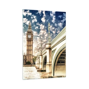 Glasbild - Bild auf glas - Big Ben und Westminster Bridge im Sonnenlicht in London - 80x120cm - Federwolken über der Themse - Moderne Wanddekoration für Wohnzimmer und Schlafzimmer ARTTOR