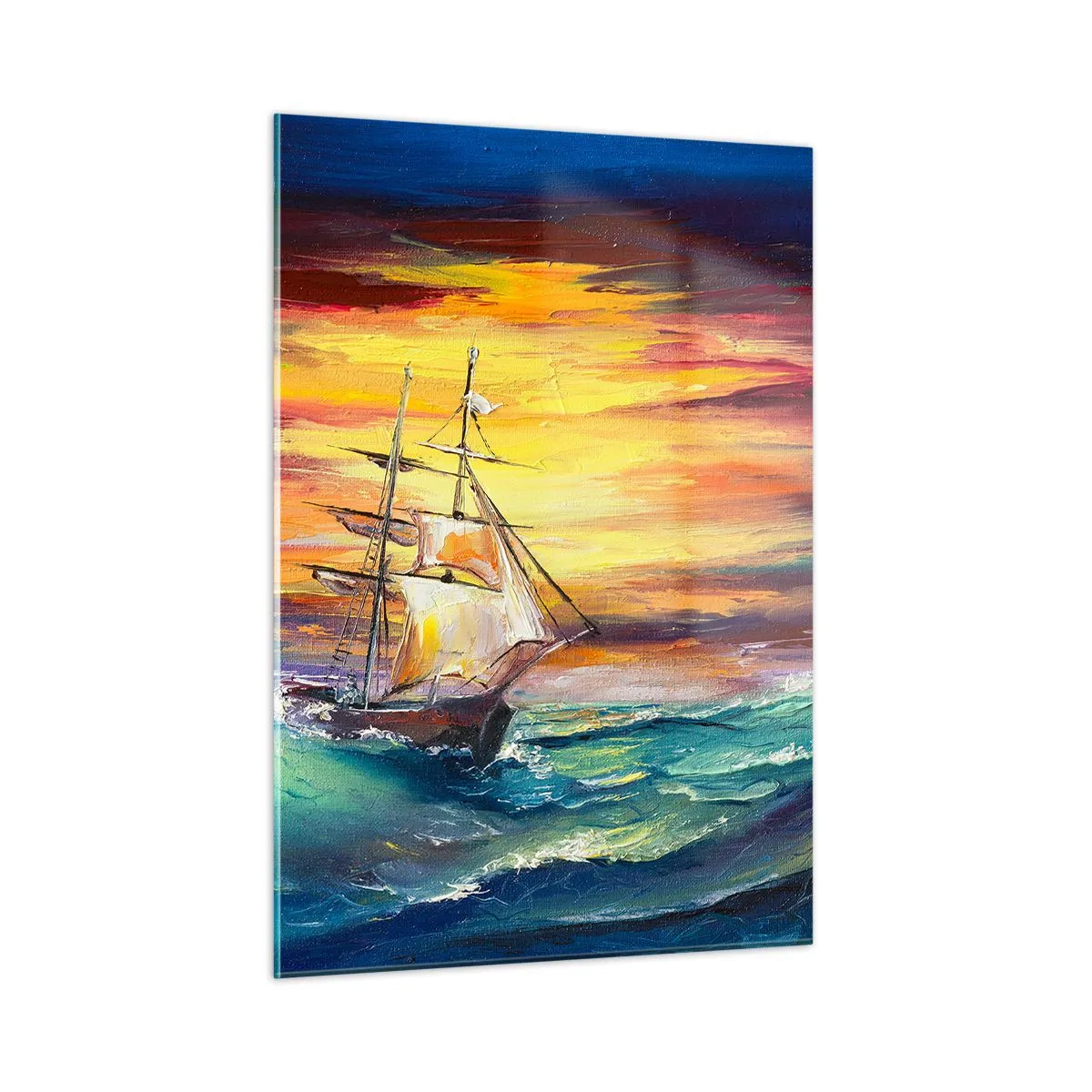 Glasbild - Bild auf glas - Ein Schiff auf stürmischer See bei Sonnenuntergang - 50x70cm - Tapfer unter den Wellen - Moderne Wanddekoration für Wohnzimmer und Schlafzimmer ARTTOR