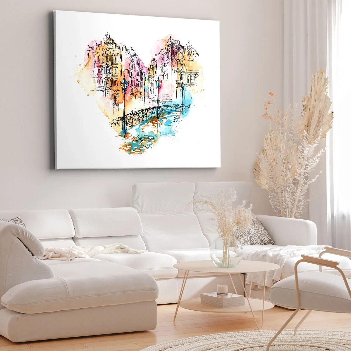 Bild auf Leinwand - Leinwandbild - Aquarell einer Brücke und herzförmigen Mietshäusern - 120x80cm - Das Herz der Stadt - Moderne Wanddekoration für Wohnzimmer und Schlafzimmer ARTTOR